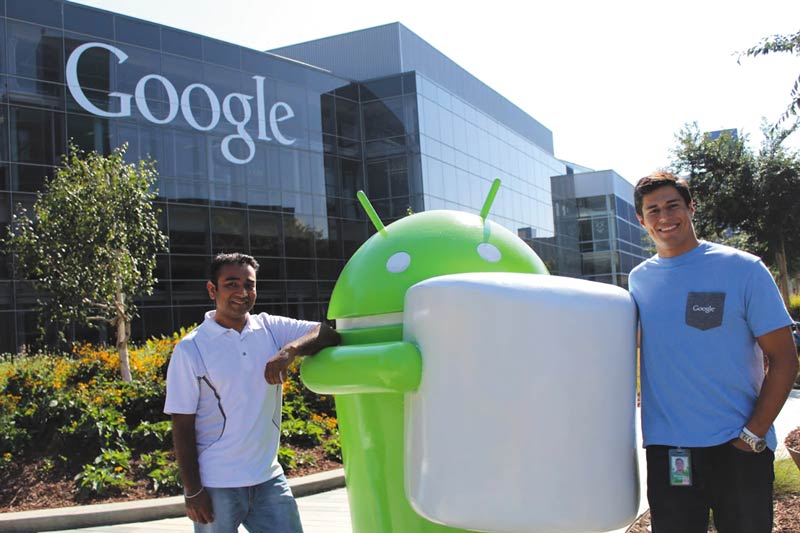 Left to right, SPS alumni Sandeep Giri, Manager, Advanced Technology Manufacturing (Project Loon), and former Google X Intern Ben Perez at Google X in Mountain View, CA.