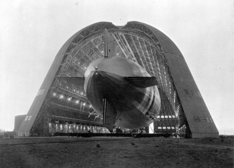 Circa 1934 photo of Hangar 1 with the dirigible U.S.S. Macon. Photo courtesy of NASA Ames Research Center.