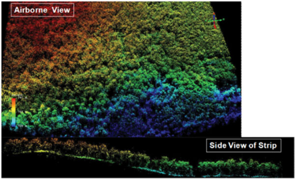  blue (725 m) to red (795 m); delta = 70 m. (Bottom) Side view of a narrow strip demonstrating the ability of the lidar to see the underlying hill and to measure foliage distribution and canopy height on a single pass. Photos courtesy of author.