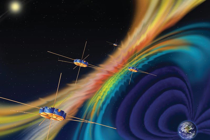 Artist rendition of MMS spacecraft. MMS consists of four identical spacecraft that work together to provide the first three-dimensional view of this fundamental process, which occurs throughout the universe. Image courtesy of NASA.