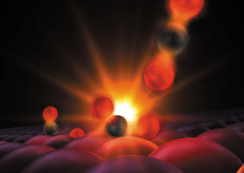 Scientists Get First Glimpse of a Chemical Bond Being Born. This illustration shows atoms forming a tentative bond, a moment captured for the first time in experiments with an X-ray laser at SLAC National Accelerator Laboratory.  Image courtesy of SLAC.