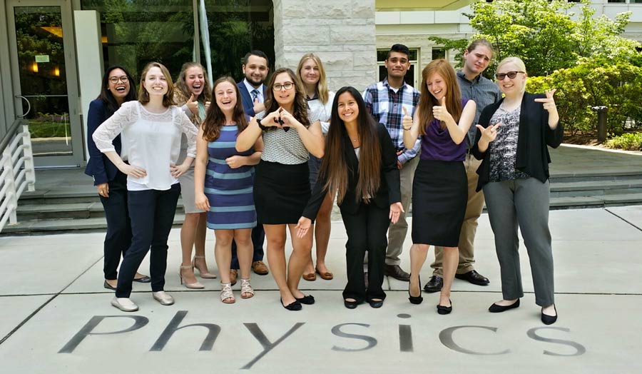 The 2016 SPS Summer Interns, pictured in front of the American Center for Physics in College Park, MD.