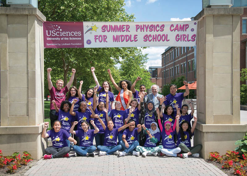 2017 Physics Wonder Girls campers pose with staff and guest Kara McCullough (back row, center), a scientist at the U.S. Nuclear Regulatory Commission and Miss USA 2017. Photo by Kim Sokoloff Photography/University of the Sciences.