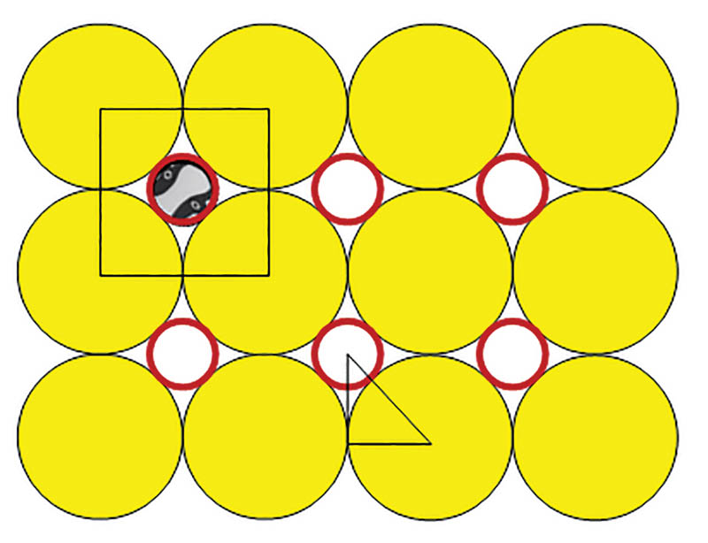 Figure 2 - Circular cows with one circular head; initially we consider only the yellow circles outlined in black as our circular cows and get a packing fraction of p/4; next we consider each cow unit composed of two circles, the yellow body, and the little red-outlined circle as the head, improving p ~ 0.92.