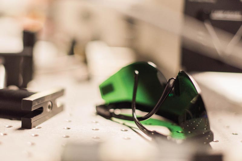 Laser-safety goggles are pictured on a bench within the Munnerlyn Astronomical Laboratory at Texas A&amp;M University. Image courtesy of Texas A&amp;M University.