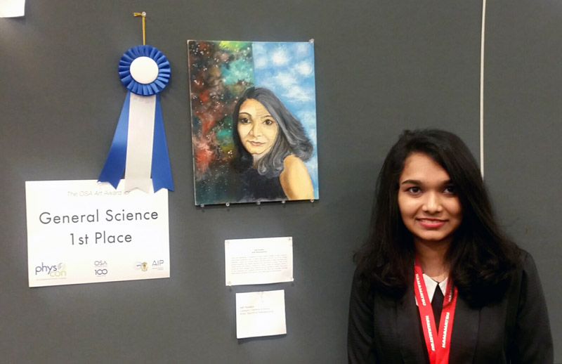 Sachithra Weerasoorya, Midwestern State University, is pictured with her piece &quot;Self Paradox, which won first place in the General Science category.