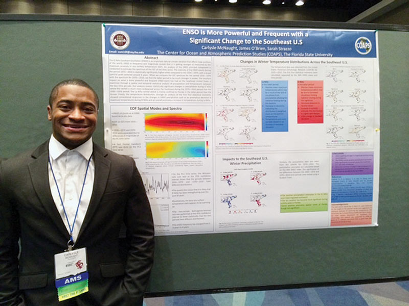 Carlysle McNaught poses proudly with his research poster at the 13th Annual American Meteorological Society (AMS) Student Conference.