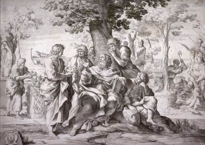 Artistic rendering of students gathering around Socrates.
