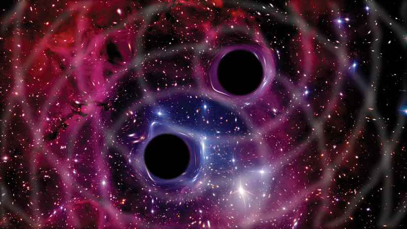 A simulation of gravitational waves generated by a binary black hole system. Image credit - iStock.com/gmutlu