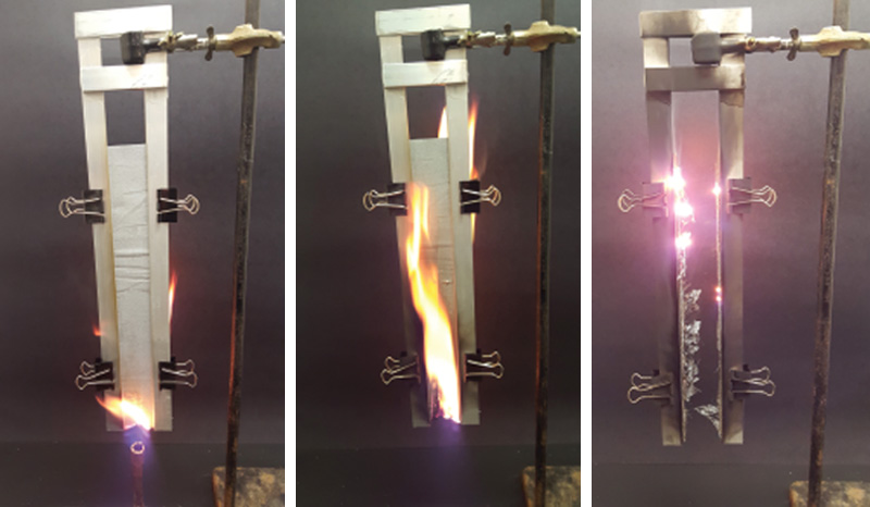 Figure 1. Our apparatus for vertical flame testing. (a) Start of flame test. (b) Afterflame. (c) Afterglow.