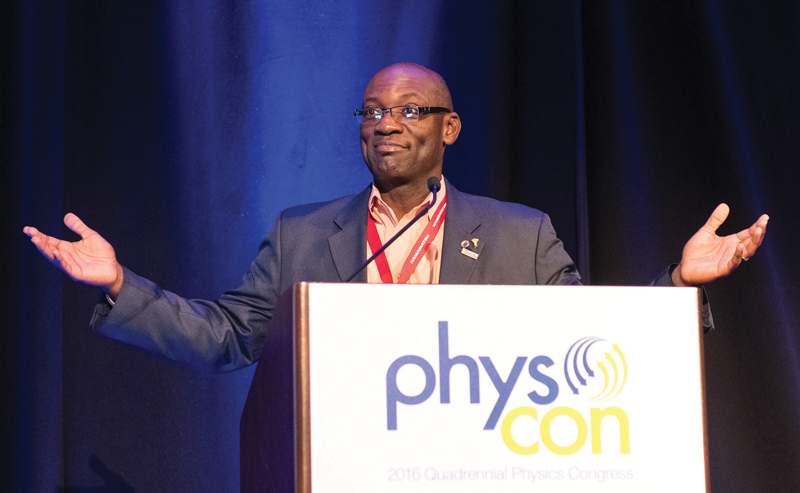 Sigma Pi Sigma President Willie S. Rockward was a fixture at the podium for PhysCon 2016. Photo courtesy of Ken Cole