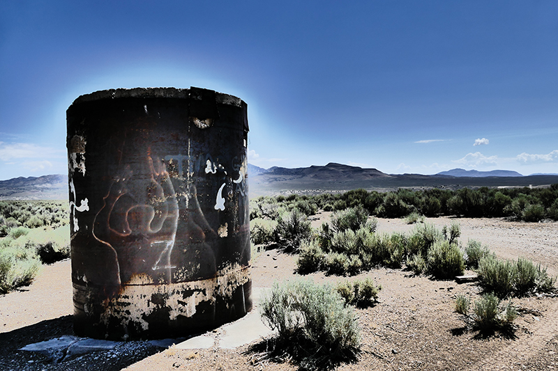  At the Nevada Test Site, this pipe is all that remains of a test that was part of Operation Crosstie. The pipe was originally level with the ground. Photo by Michael D. Herren/CC-BY-SA.