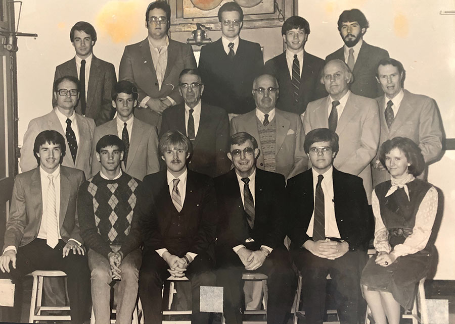 Sigma Pi Sigma induction class of 1986 at William Jewell College. Dr. Blane Baker is located in the front row, second seat from the left. Photo courtesy of the Sigma Pi Sigma chapter of William Jewell College.