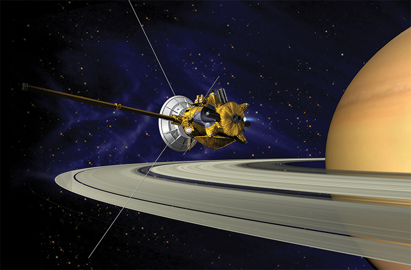 In a 2017 illustration, NASA’s Cassini spacecraft is depicted on one of its final orbits around Saturn. Image courtesy of NASA under Photo ID-PIA03883.