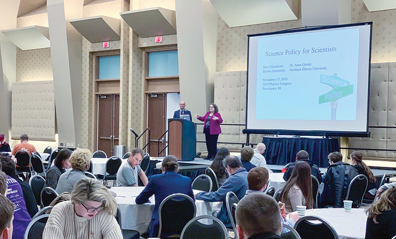 Led by Steve Gerencser and Anna Quider, PhysCon attendees tackle the subject of science policy. Photo courtesy of Anna Quider.