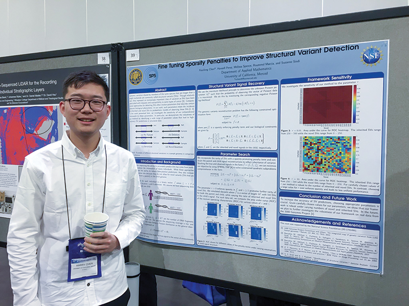 Harry Chen, a student from the University of California Merced, presenting his work at the 2019 PhysCon Poster Session. Photo courtesy of the Wheaton College PhysCon reporters.