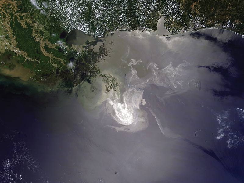 A NASA satellite image reveals the oil slick off the coast of Louisiana. Image courtesy of NASA.