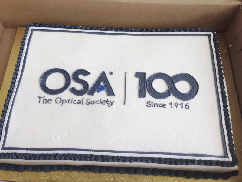 Students from the University of Maryland’s OSA student chapter celebrated the centennial in a sweet way with this cake displaying OSA’s centennial logo. Photo courtesy of The Optical Society.