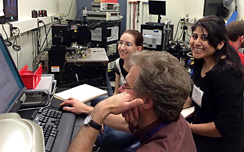 SPS Summer Program Interns are deep in research with mentor, John Suehle at the National Institute of Standards and Technology in Gaithersburg, MD. Photo courtesy of AIP