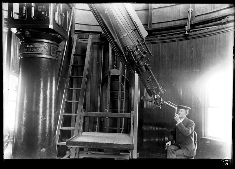  Observer Frederick Slocum using a spectroscope on the 12” refractor at Ladd Observatory, March 15, 1905.  Photo courtesy of Department of Physics, Brown University.