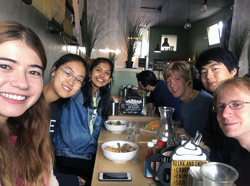 SPS co-vice president Erika Hathaway (front, left) and Carter Turnbaugh (front, right) out for a wholesome lunch with their mentorship group.
