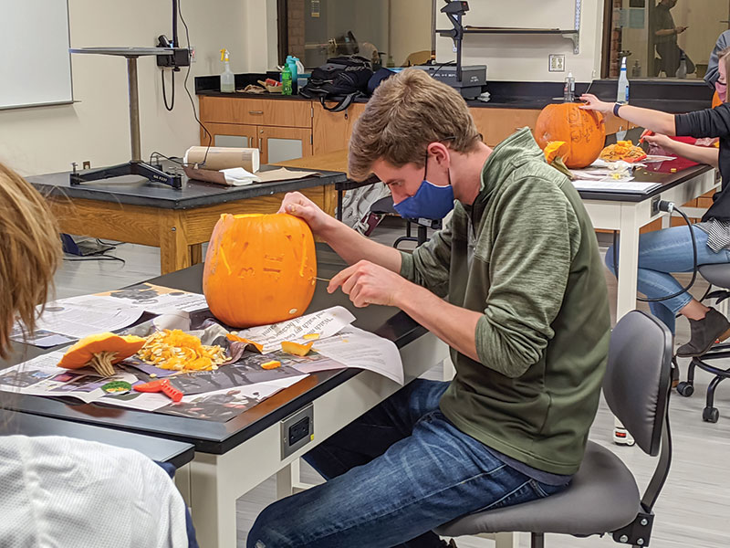 Bethel University SPS members carve physics equations into pumpkins while social distancing.