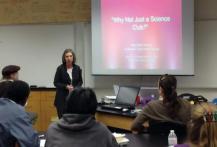 During an AAPT workshop, Mary beth monroe gives a presentation on the importance of SPS chapters to the health of physics departments.  Photographer unknown.
