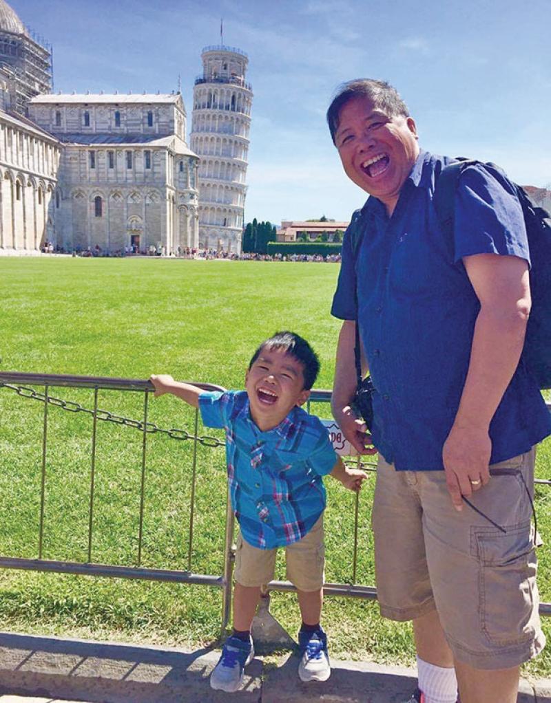 Ramos’s love of physics extends beyond working hours. He is an amateur astrophotographer, a bargain hunter for research parts, and an enthusiastic traveler who finds physics everywhere. Here, he and his son enjoy a visit to the Leaning Tower of Pisa. Photo courtesy of Roberto Ramos.