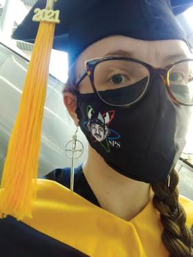 Samantha Tietjen wears an SPS mask during the 2021 Spring Commencement ceremony held at Progressive Field. Photos courtesy of Tietjen.