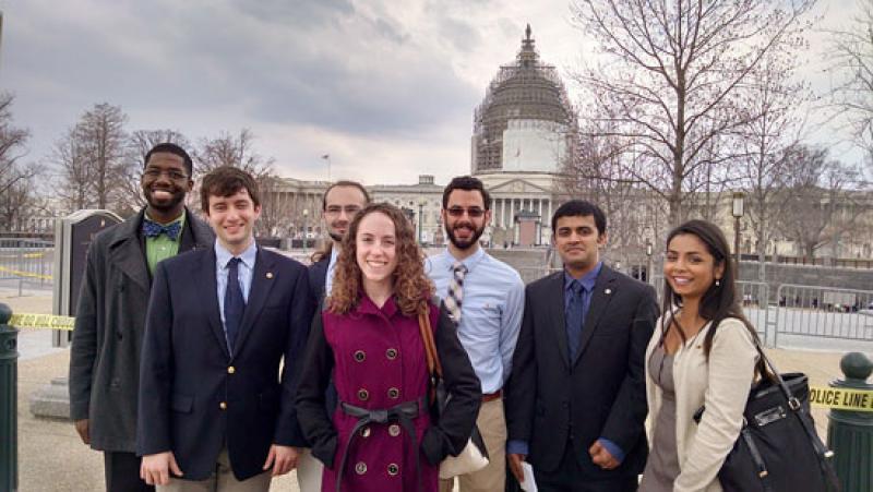 SPS interns who participated in Congressional Visits Day. From the left - Kearns Louis-Jean (Xavier University of Louisiana), Simon Patané (Vassar College), Caleb Heath (University of Arkansas graduate; high school teacher), Robyn Smith (Drexel University), Cameron Caligan (Georgia Institute of Technology), Kevin Cheriyan (University of Maryland), and Aman Gill (Sonoma State University). Photo by Sean Bentley.