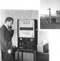  Photographs of a system that was developed for the Atomic Energy Commission designed to monitor radioactive fallout and used during the 1955 atomic bomb tests in Nevada. Left: Control station that includes a radiation monitoring switchboard (bottom), time-gates frequency counter (middle), and digital scanner (top) that supplies printing signals to the printer (right, next to switchboard). Upper right: Typical radiation monitoring station installation. Photo credit: National Institute of Standards and Techn